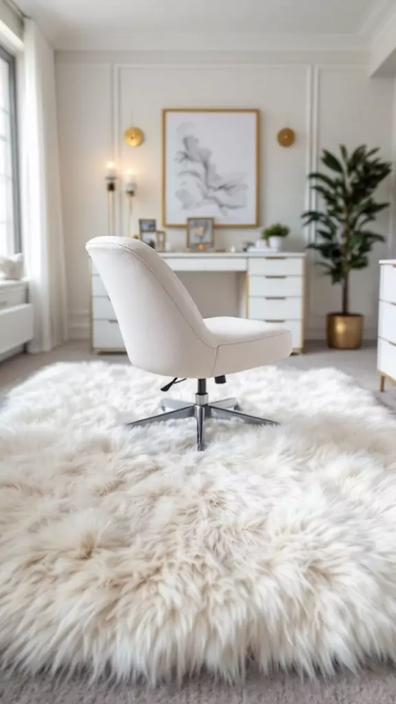 A stylish office space featuring a faux fur rug, modern desk, and elegant decor.