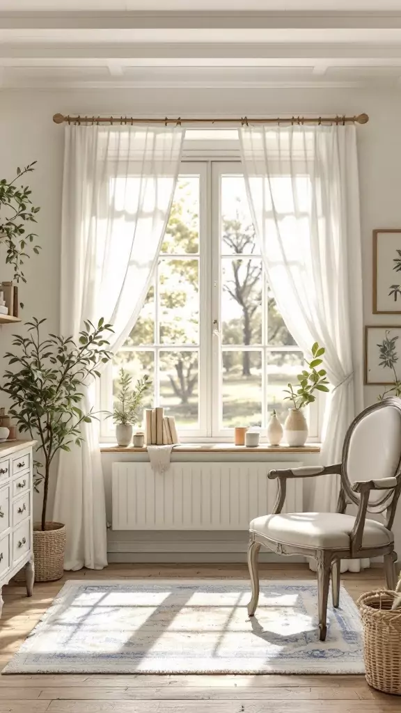 A cozy French country farmhouse office with large windows, light curtains, a vintage chair, and natural decor.