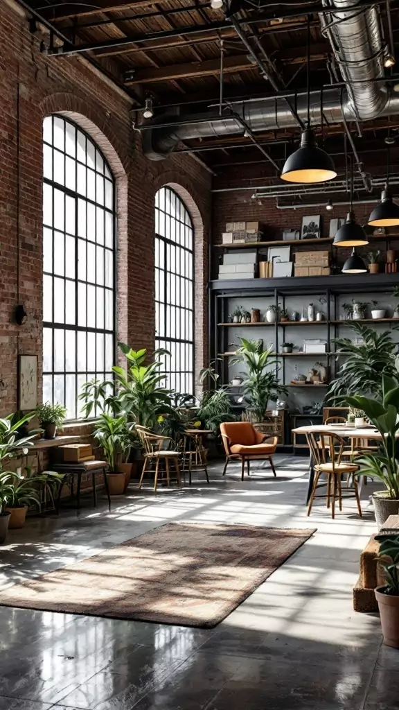 An industrial warehouse office with exposed brick walls, large windows, and cozy furniture.