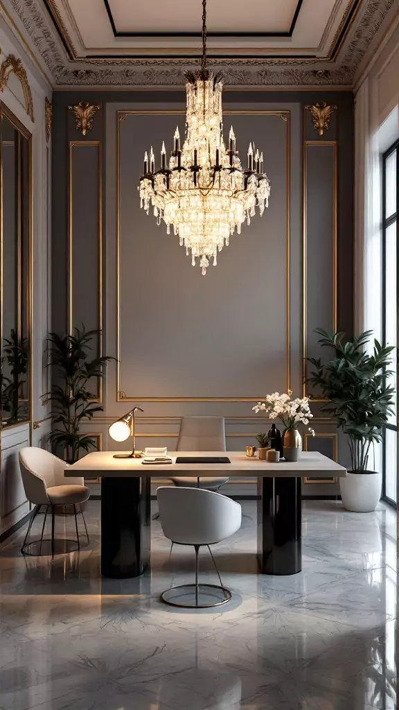 A chic office featuring a grand chandelier and stylish furniture.