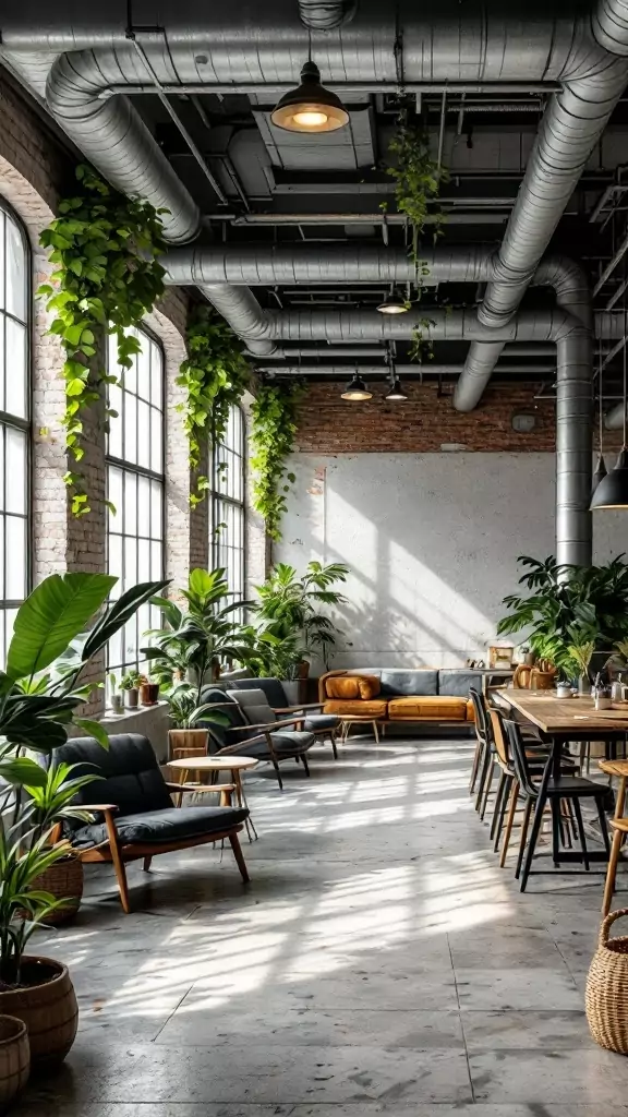 Spacious industrial office with exposed pipes and greenery