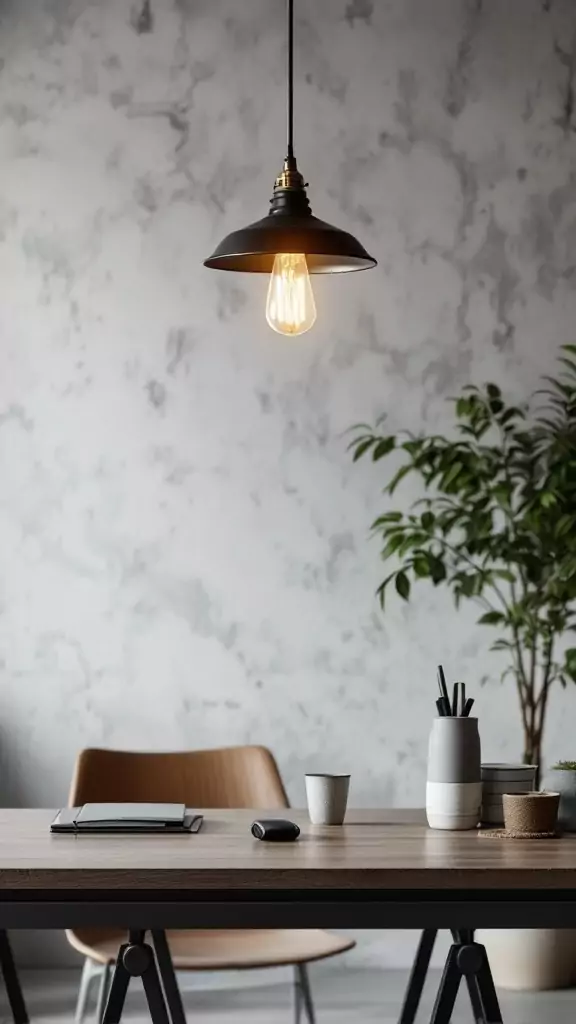 A stylish industrial pendant light hanging above a wooden table in a modern office space.