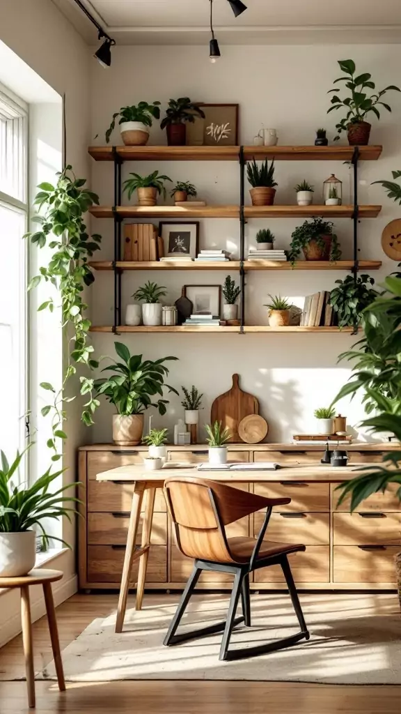 A cozy office space featuring reclaimed wood shelving with plants and decor.