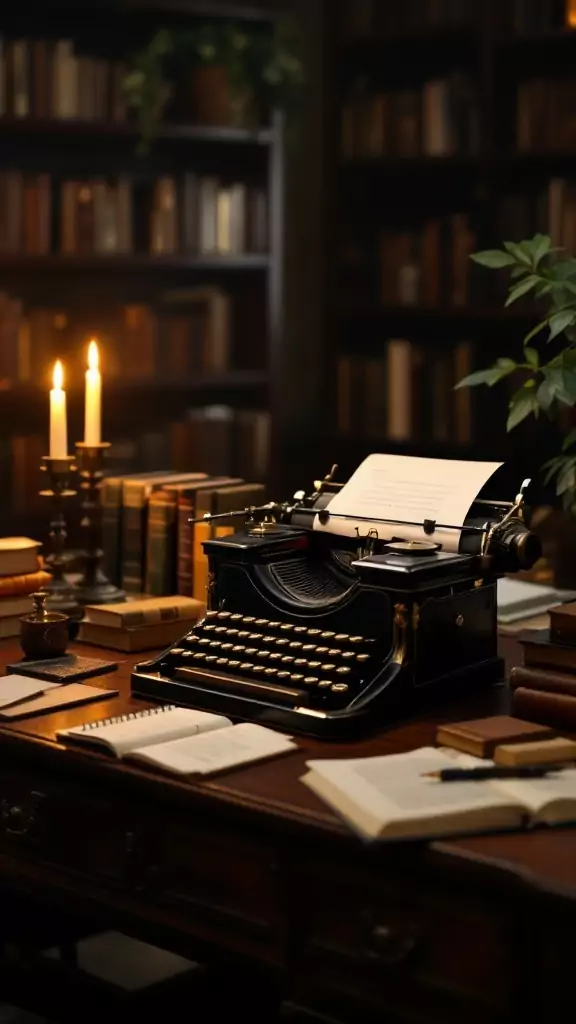 A vintage typewriter on a wooden desk surrounded by books and candles, creating a dark academia atmosphere.