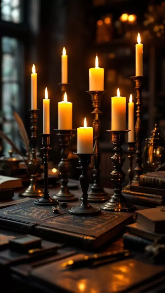 A collection of candle holders with lit candles, creating a warm and moody ambiance in a dark office setting.