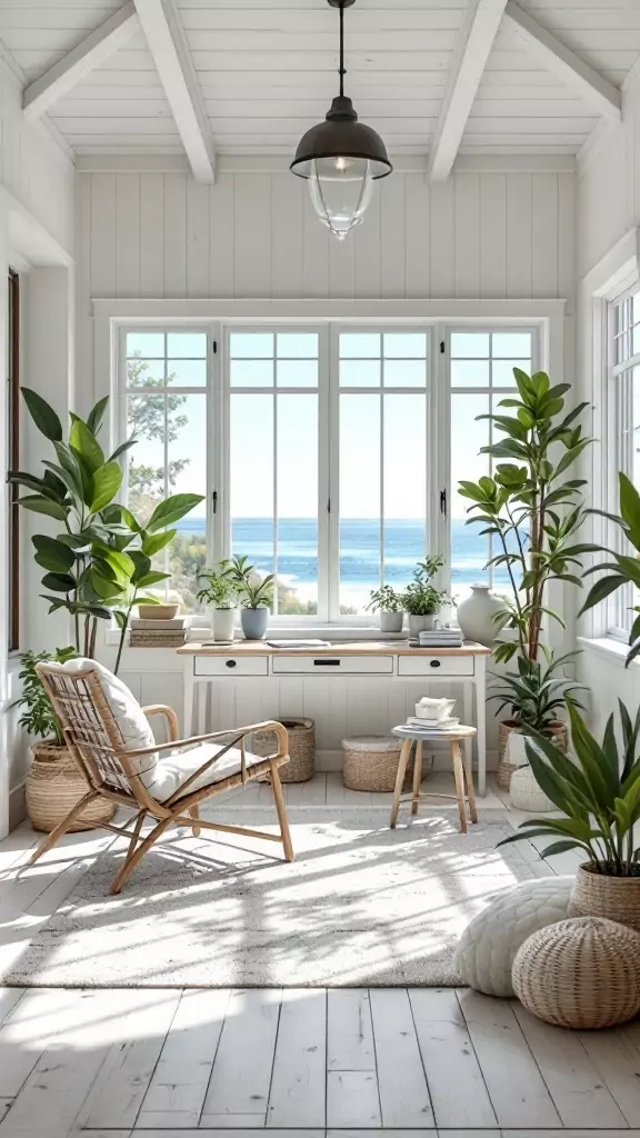 A bright and airy coastal farmhouse office with plants, a wooden desk, and a cozy seating area.