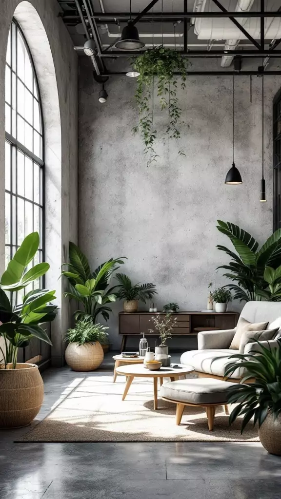 A stylish industrial office space featuring concrete walls, iron accents, and lush plants.