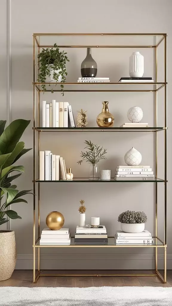 A stylish glass and gold shelving unit displaying books and decorative items.