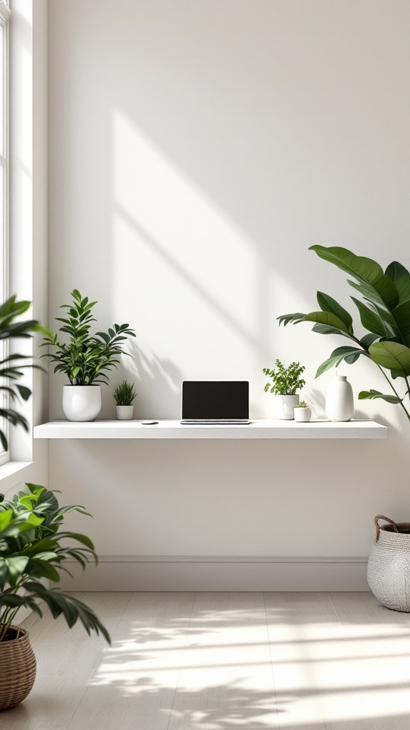 Minimalist floating desk in a bright space with plants.