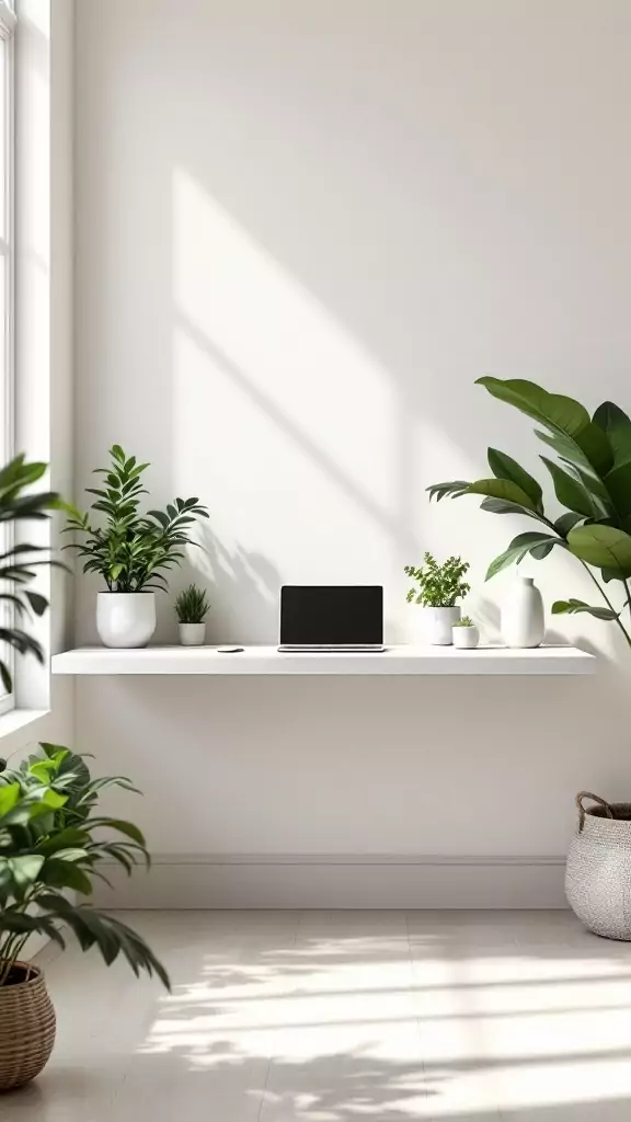 Minimalist floating desk in a bright space with plants.