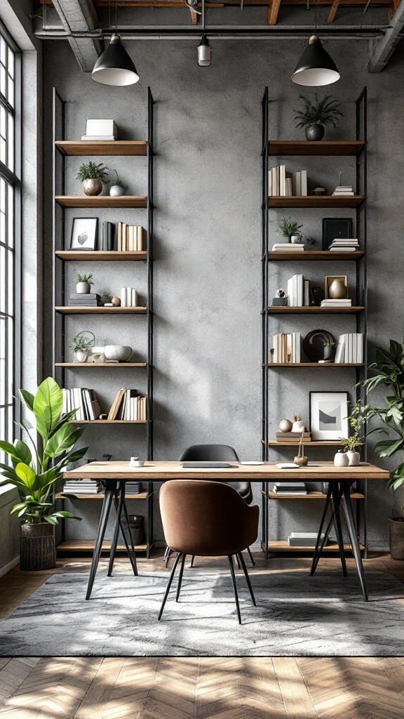 Stylish steel and wood shelving units in a modern industrial office space