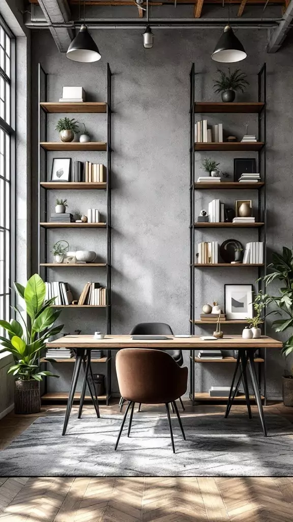 Stylish steel and wood shelving units in a modern industrial office space