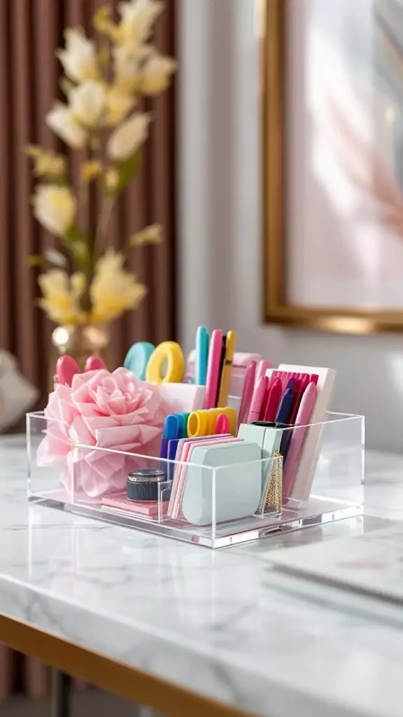 Acrylic desk organizer filled with colorful pens and a pink flower