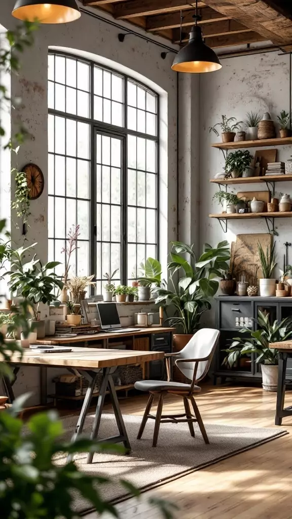 A cozy industrial farmhouse office with large windows, wooden furniture, and greenery.