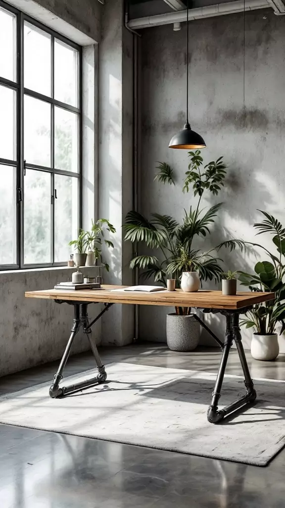 A modern office setup featuring a desk with pipe-fitted legs.