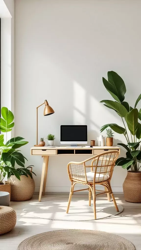 A modern office space featuring a rattan chair and wooden desk surrounded by plants.