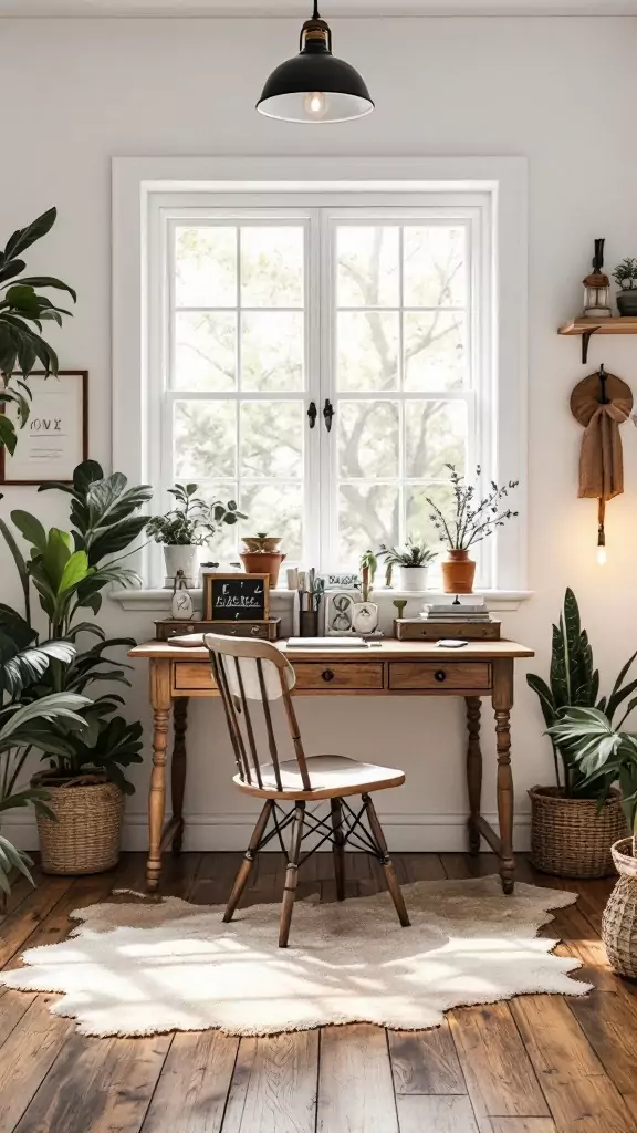 A cozy vintage-inspired farmhouse office with wooden desk, plants, and natural light