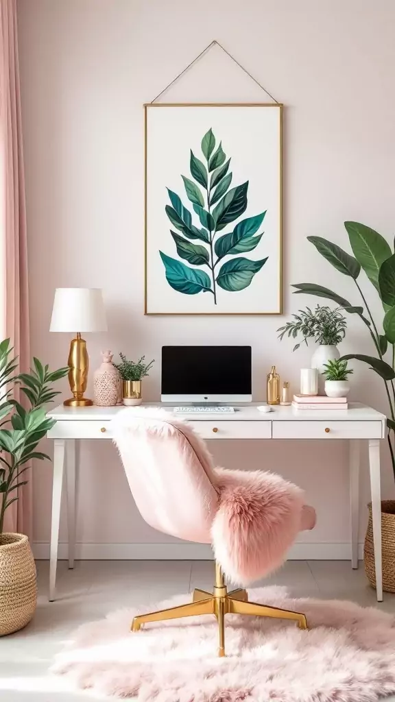 A chic workspace featuring blush pink accents with a fluffy chair and decorative items.