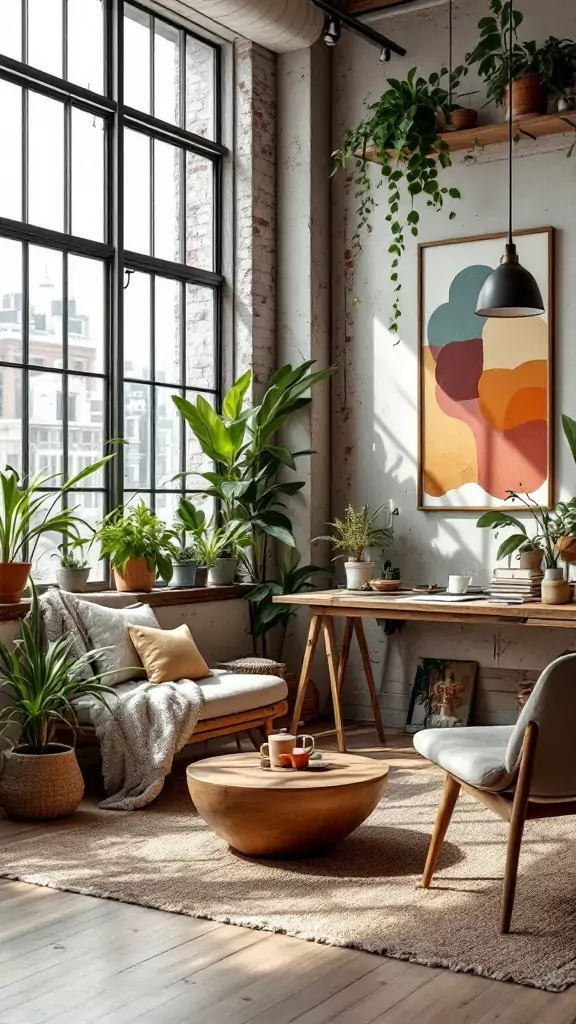 A cozy Boho industrial office featuring exposed brick, plants, and a wooden table.