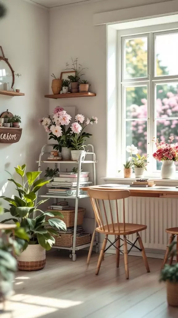 A cozy cottagecore farmhouse office with plants and natural light