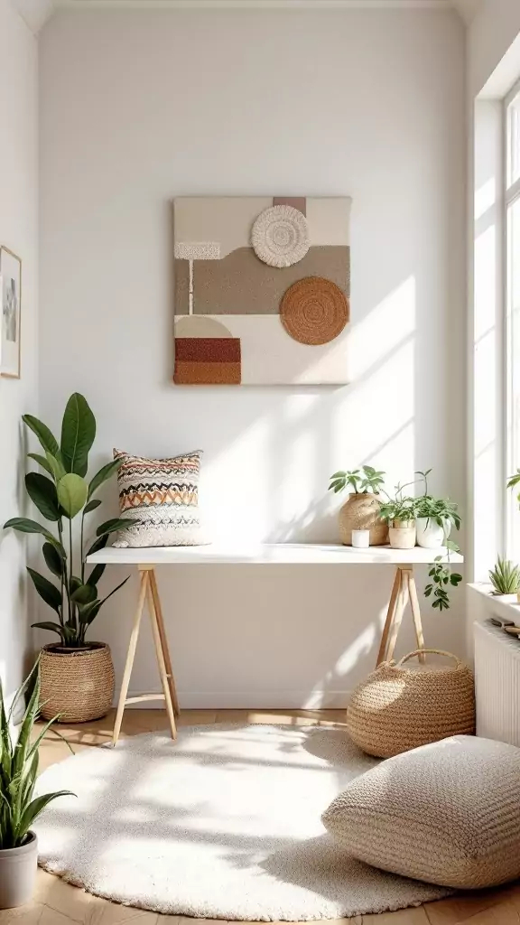 A bright and airy home office space featuring handwoven textiles, plants, and an earthy aesthetic.