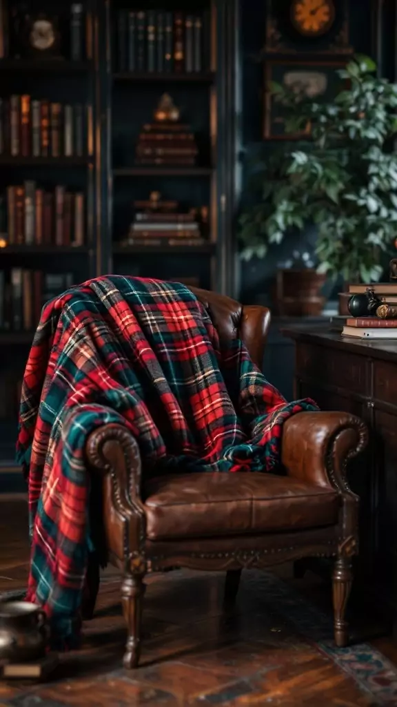 A cozy office corner with a tartan throw blanket draped over a leather chair, surrounded by bookshelves.