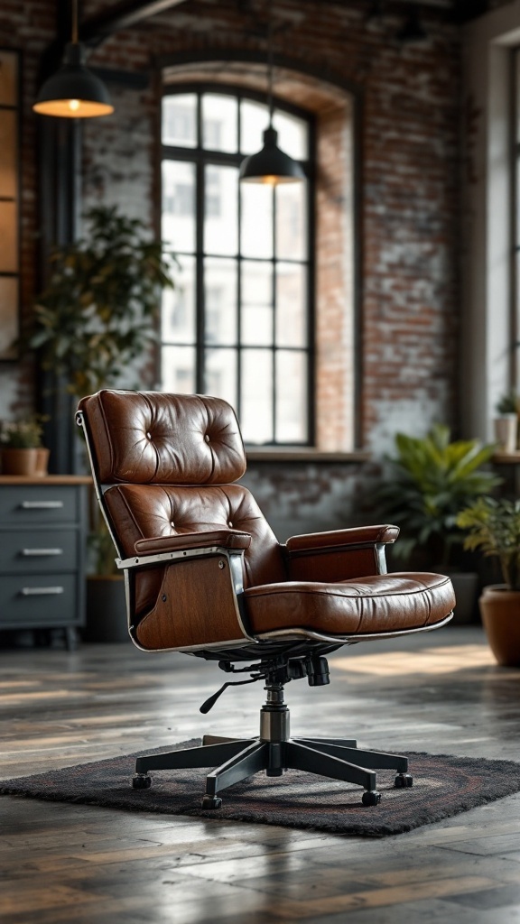 A vintage factory-inspired office chair in a modern industrial office space with brick walls and plants.