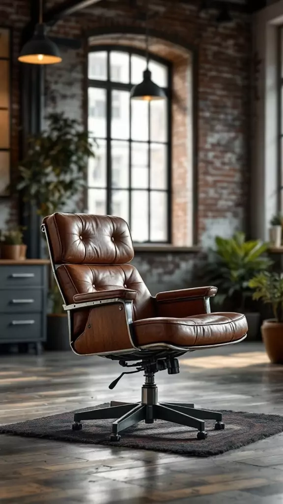 A vintage factory-inspired office chair in a modern industrial office space with brick walls and plants.