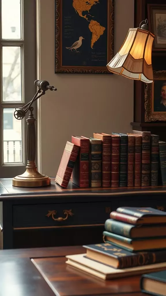 An antique book collection displayed on a vintage desk with a lamp and decor.