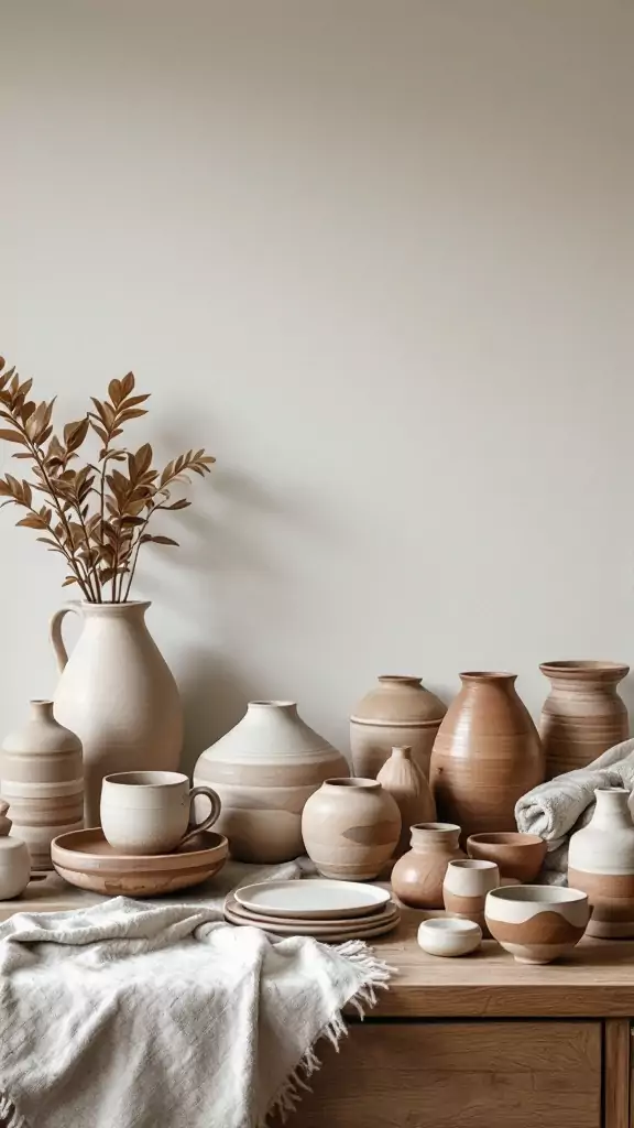 A collection of artisan pottery on a wooden surface, featuring various shapes and earthy tones.