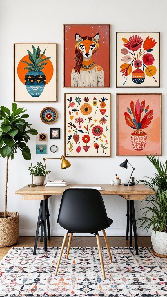 Colorful wall art in a Boho style office with an orange chair and plants.