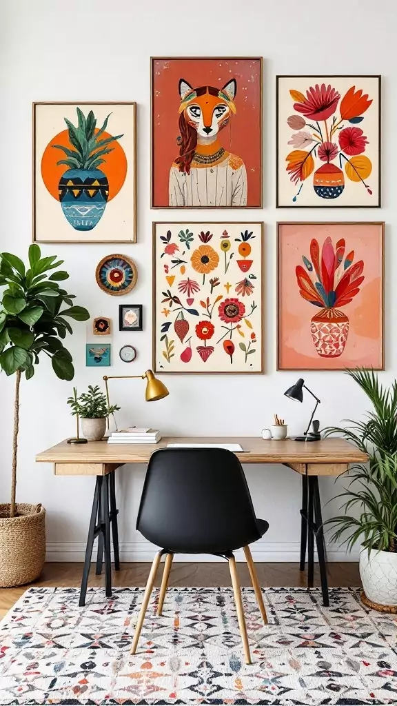 Colorful wall art in a Boho style office with an orange chair and plants.