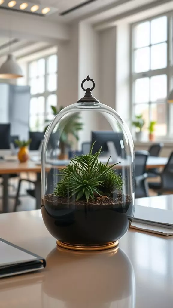 A glass terrarium with plants inside, placed on a desk in a bright office setting.