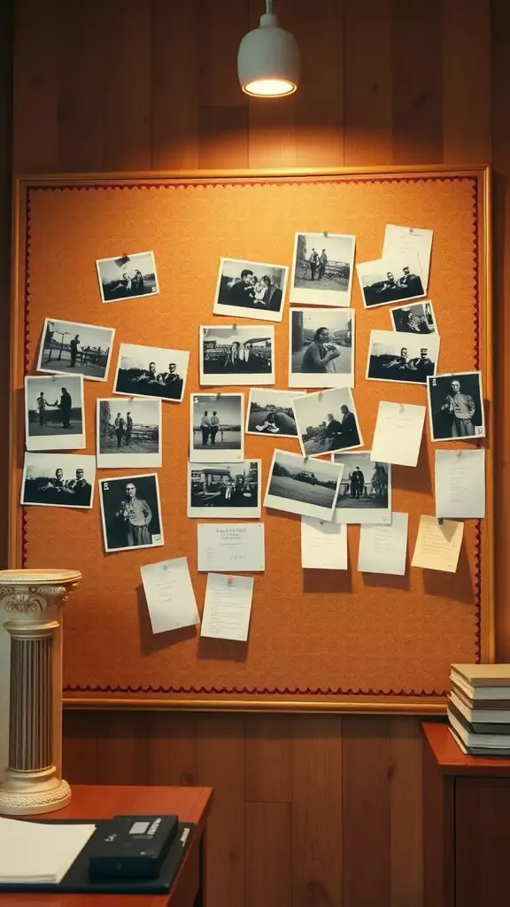 A vintage pinboard displaying black and white photographs and notes in a cozy office setting.