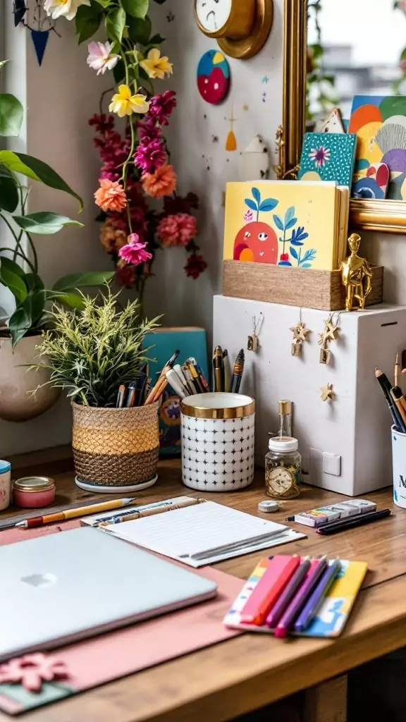 A colorful desk with various organizers, plants, and decor items in a Boho style workspace.