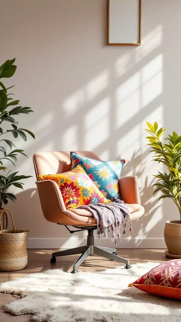 A cozy chair with colorful throw pillows in a bright office space