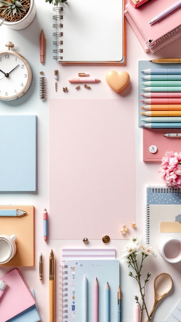 A flat lay of colorful stationery including notebooks, pens, and a clock, perfect for Boho office decor.