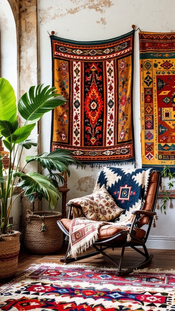 A cozy Boho office space featuring colorful textiles, a comfortable chair, and plants.