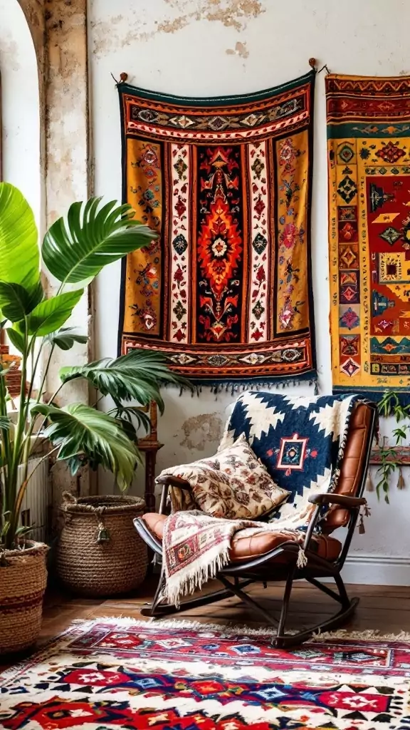 A cozy Boho office space featuring colorful textiles, a comfortable chair, and plants.