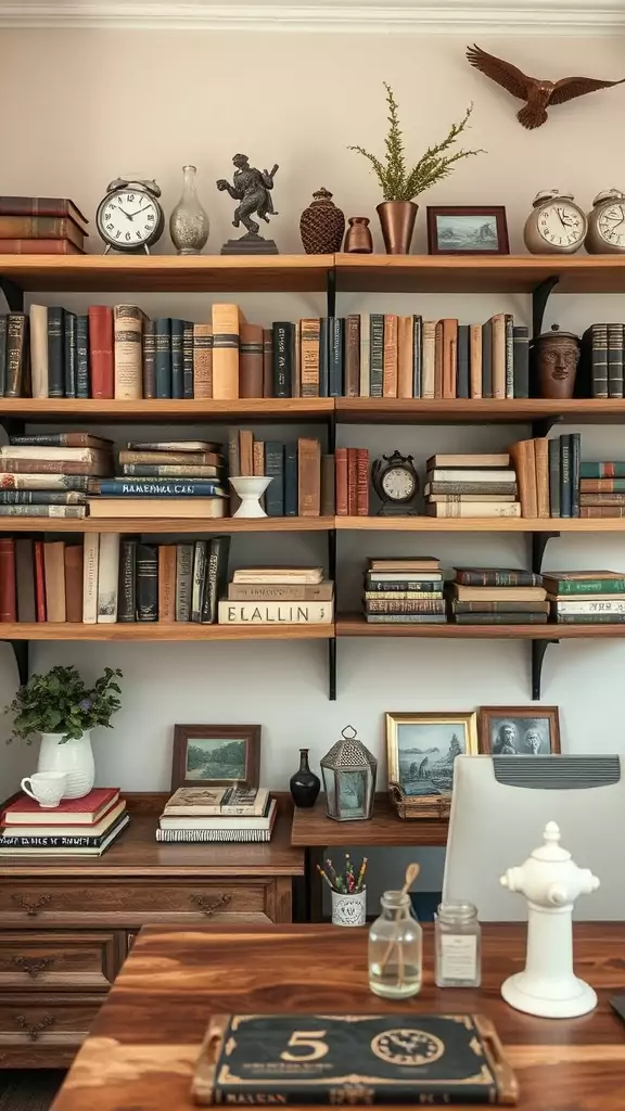 A cozy home office featuring distressed wooden shelves filled with books and decorative items.