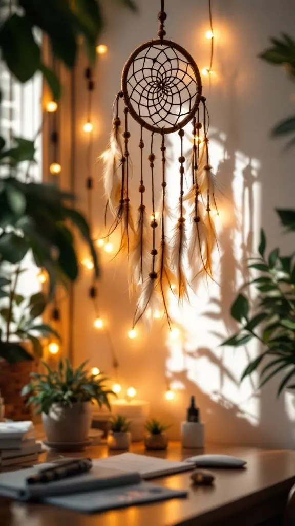 A stylish dreamcatcher hanging in a cozy office space with plants and warm lights.