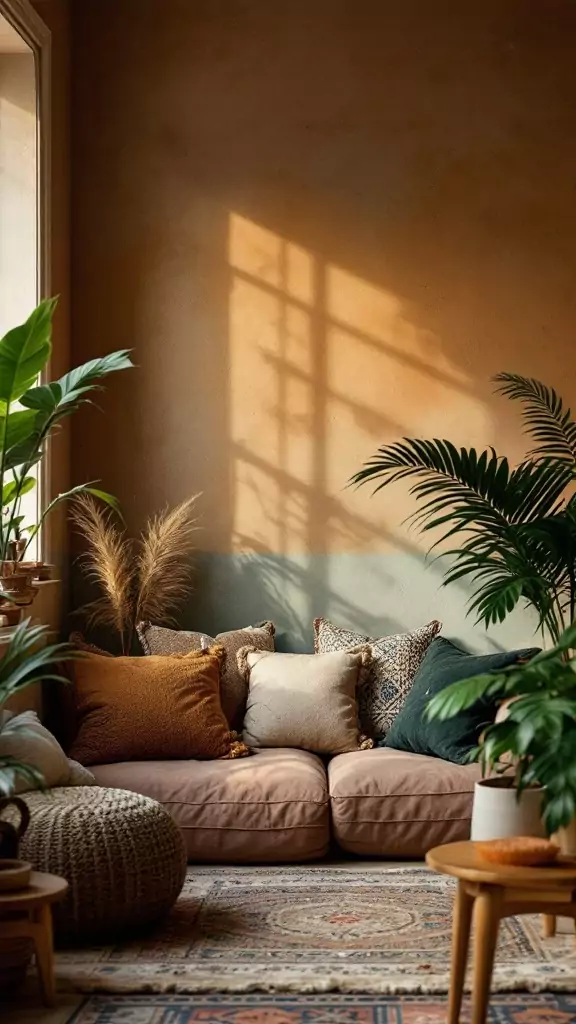 Cozy Boho style office with earthy tones and decorative pillows.