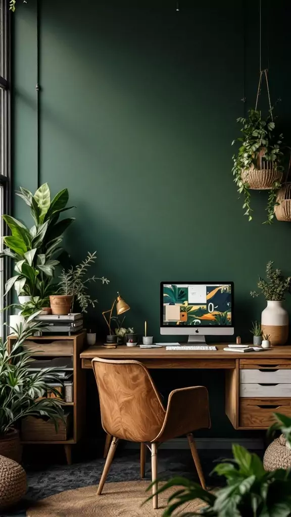 A cozy and eco-friendly Boho office space featuring plants and wooden furniture.