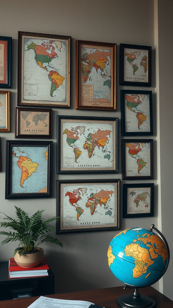 A collection of framed vintage maps on a wall, enhancing a home office decor.