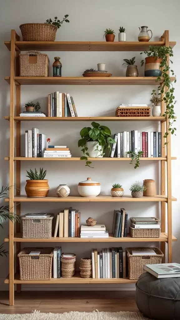 Handcrafted wooden shelving units with plants and decorative items in a Boho style office.