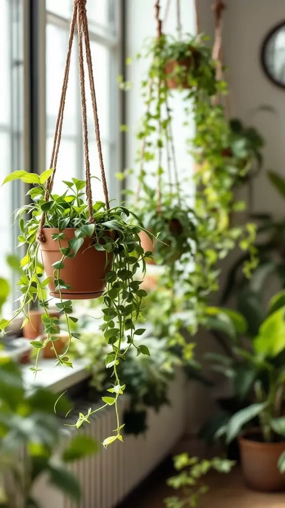 Hanging planters with green vines in a cozy indoor setting