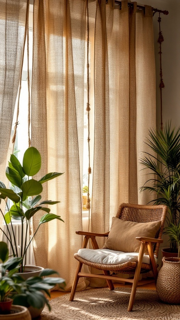 A cozy corner in a Boho home office with jute curtains and a rattan chair.