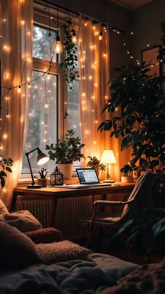 Warmly lit Boho office with string lights, plants, and a cozy desk setup.