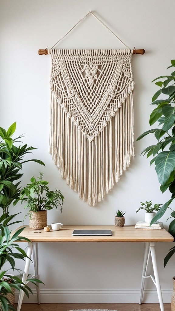 A macrame wall hanging with a plant-filled desk below