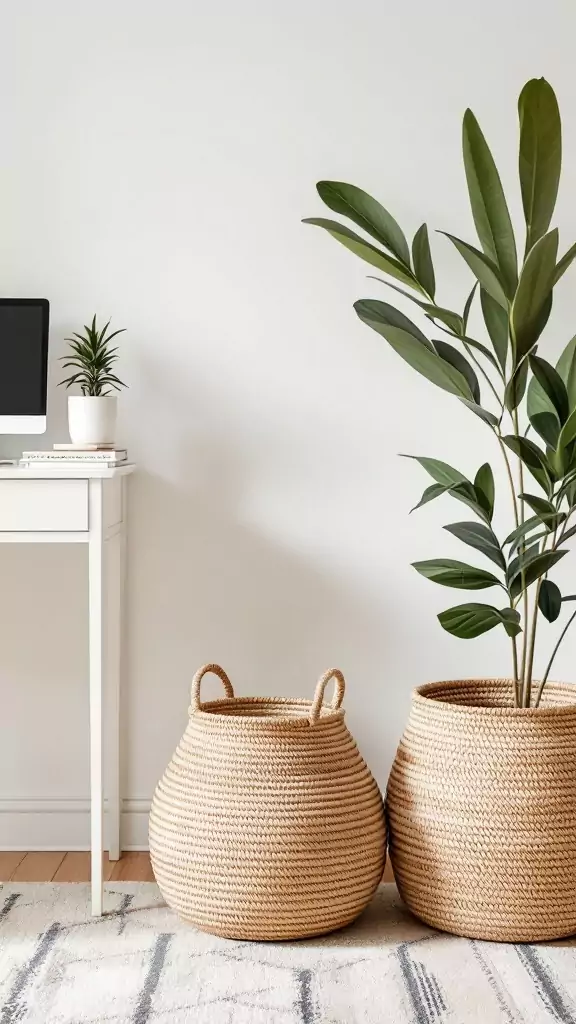 Two natural fiber baskets next to a desk with a small plant and computer, showcasing a minimalist Boho office decor.